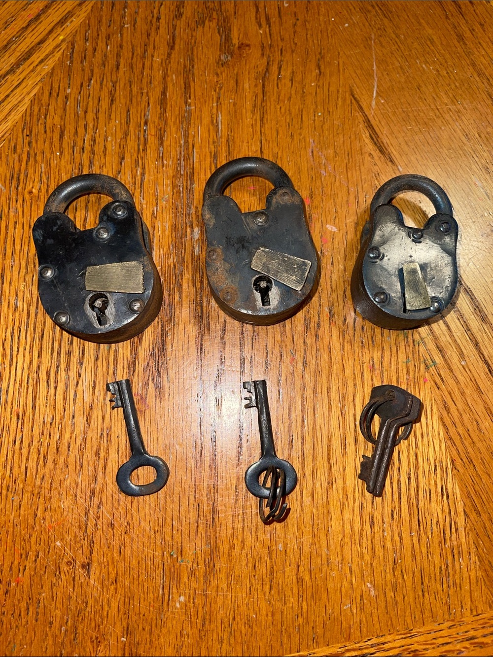 3 iron brass antique pad locks with keys